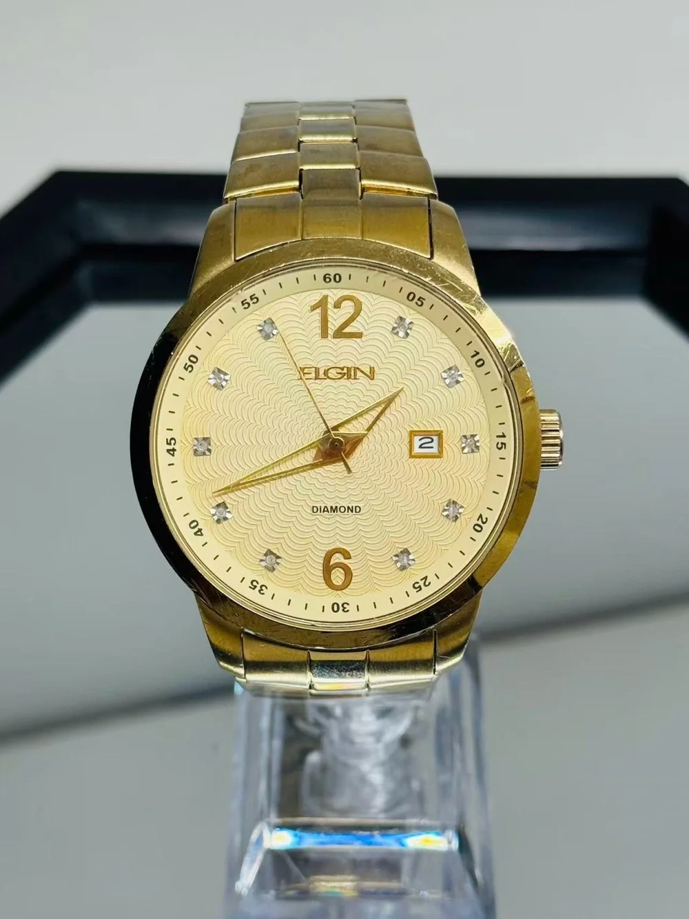 Vintage Elgin Men Gold Tone Quartz Watch Diamond Dial Date 46mm New Battery Runs